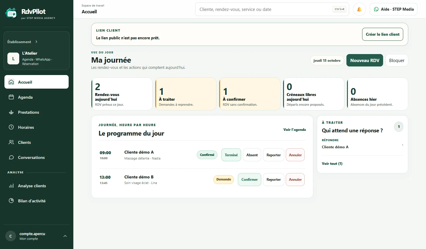 Accueil du tableau de bord